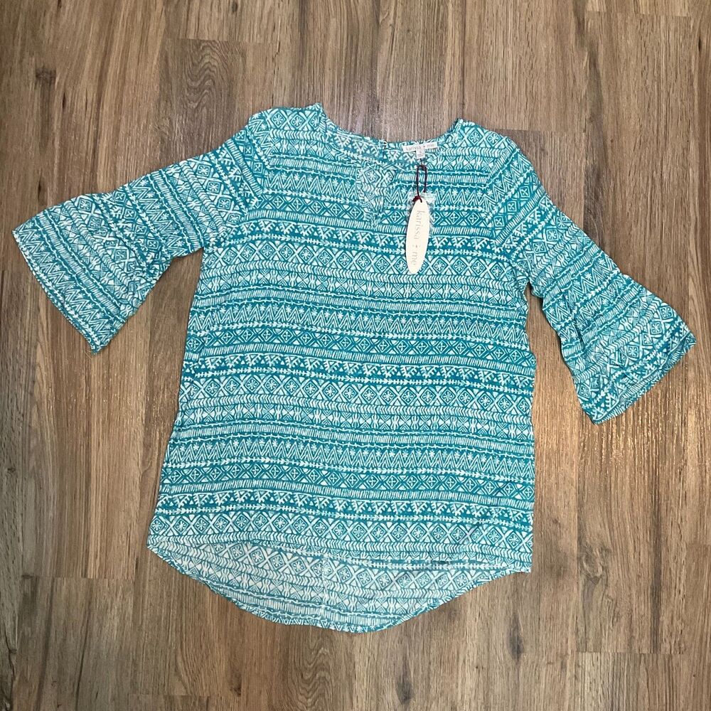New Karissa & Me Blouse Women Teal White 3/4 Sleeve Tunic Shirt Top Size Small